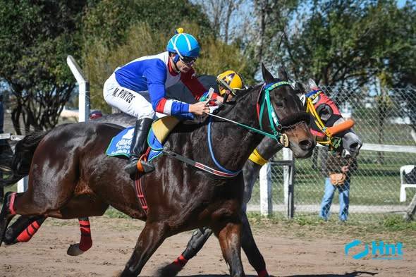 Cardamon en plena atropellada final ganando el Clásico Laboratorio HNT en la Hiporrecta Ciudad de Viale - jockey Matías Pintos