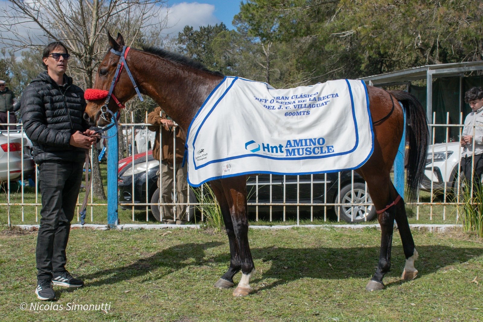 Unesh con la manta de AminoMuscle del clásico de 600 metros del Jockey Club Villaguay